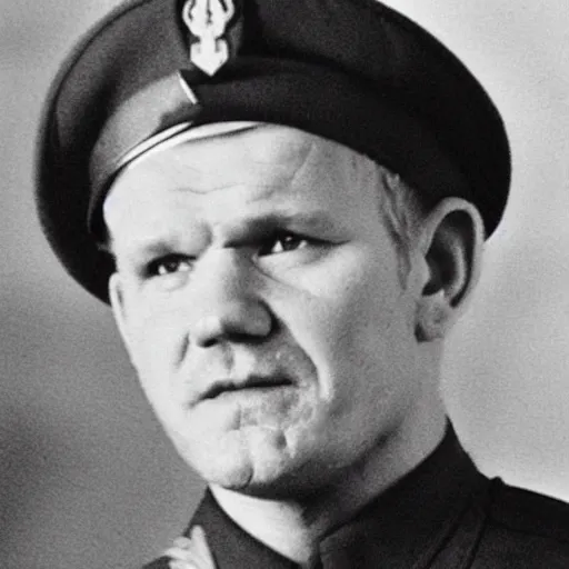 Image similar to Gordon Ramsay as a officer in the Soviet Army during WW2, colorized grainy photo