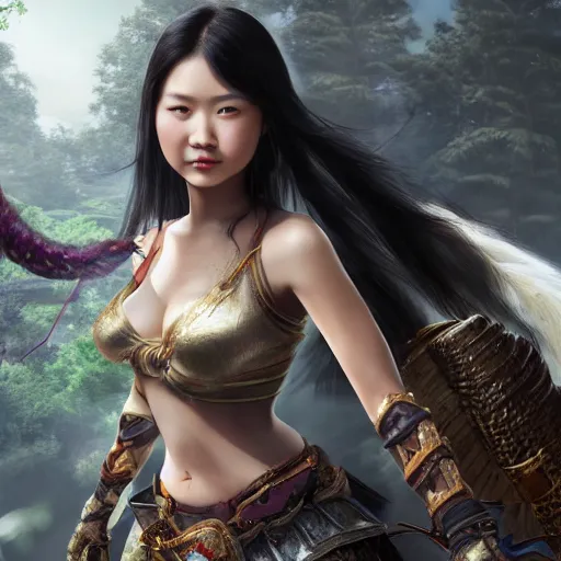 Prompt: a portrait of a full body beautiful asian girl, young with long hair, wearing monster hunter armor, hunting, matte painting, hyper realistic, very detailed, intricate, very sexy pose, slight smile expression, unreal engine, dramatic cinematic lighting rendered by octane, 8 k, detailed