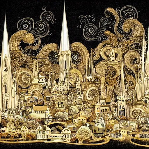 Prompt: a beautiful city made of ivory and gold, highly intricate, digital art, very detailed, in the style of a weird and dark eerie liminal art nouveau flemish painting