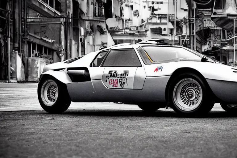 Image similar to 1955 BMW M1 Stratos, city in cyberpunk style by Vincent Di Fate