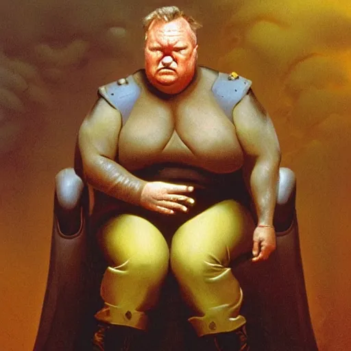 Prompt: ray winstone as baron harkonnen sitting on throne in dystopian science fiction hall in 1982 movie dune, by boris vallejo