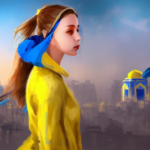 Image similar to ukrainian girl with blue and yellow clothes near big ruined city, concept art, trending on artstation, highly detailed, intricate, sharp focus, digital art, 8 k