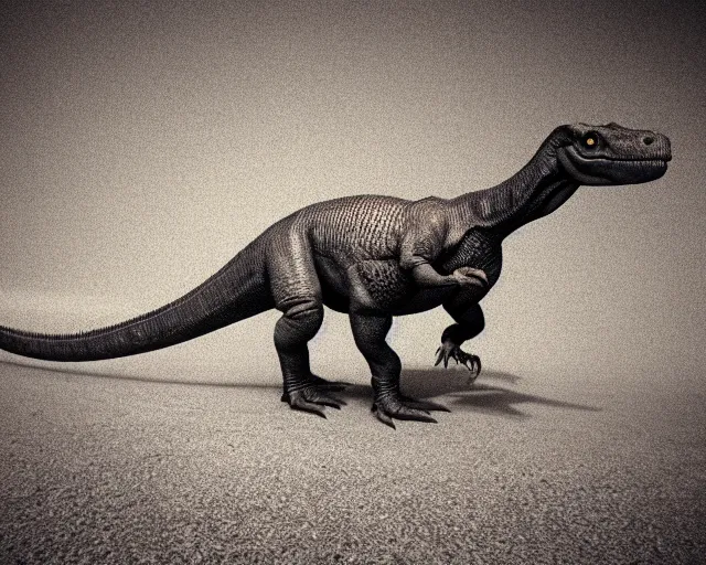 Image similar to hyper realistic vintage photograph of a real dinosaur, ultra detailed, grain, old, monochrome, sepia toned, realistic lighting, wide angle