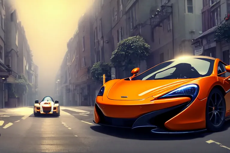 Prompt: a wholesome animation key shot of!! one!! focused!! mclaren!!! p 1!!, shiny deep orange, in a misty london street, wide shot, studio ghibli, pixar and disney animation, sharp, very detailed, high resolution, rendered in unreal engine 5, anime key art by greg rutkowski, bloom, dramatic lighting