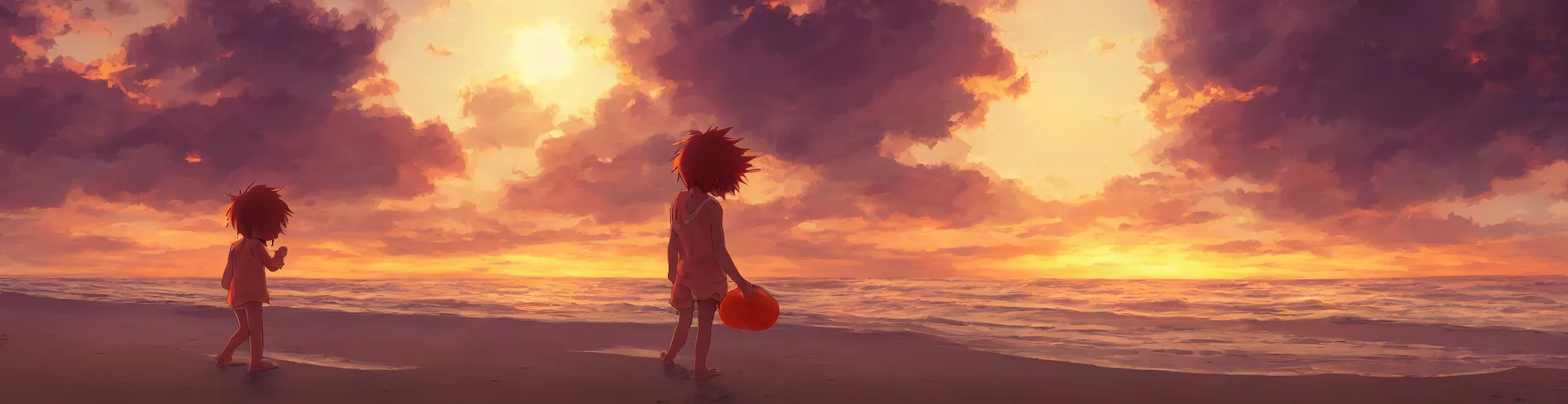 Prompt: beautiful, detailed digital painting of a orange-haired child playing on the beach and looking at the sunset, anime by Makoto Shinkai, sand, waves, trending on artstation