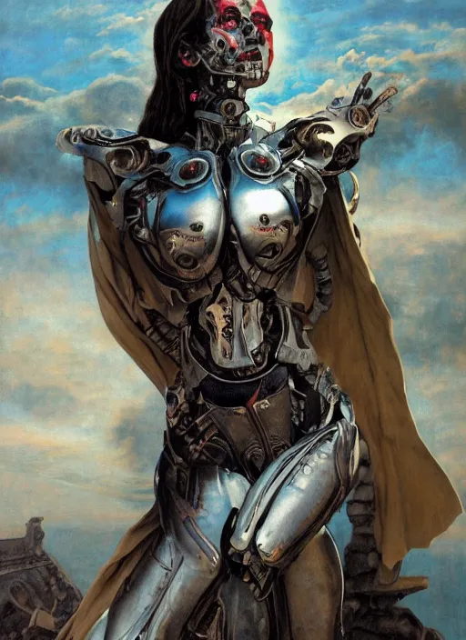 Prompt: portrait of a diabolical beautiful female cyborg girl, torn cape, adaptive armor, dynamic pose, heavy eyes to the side, ancient ruins, glowing veins subsurface scattering, in clouds, sunset, portrait, by gerald brom, by mikhail vrubel, by peter elson, muted colors, extreme detail, reflections, trending on artstation, 8 k