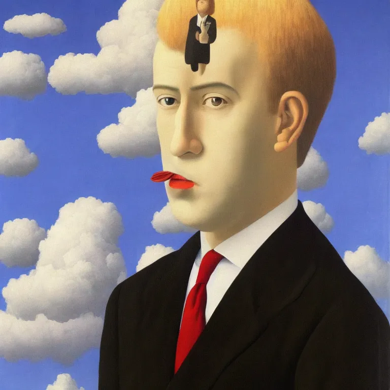 Image similar to portrait of a cloud man in a suit by rene magritte, detailed painting, hd, hq, high resolution, high detail, 4 k, 8 k