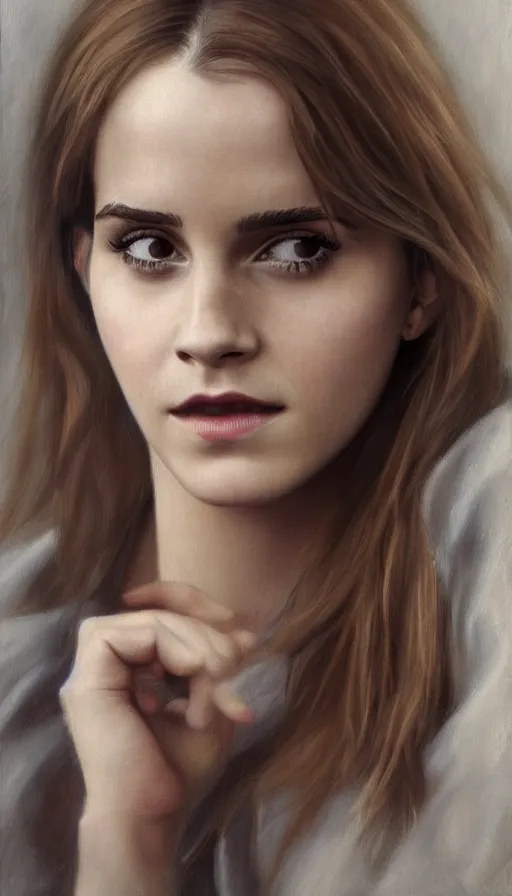 Prompt: a realistic oil painting of Emma Watson, overcast lighting, highly detailed, sharp focus, by Vladimir Borovikovsky