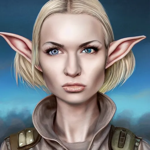 Image similar to close up headshot of a skinny female high-fantasy elf with a long face narrow chin and short spiky blonde hair wearing dark brown overalls and holding a bomb next to a destroyed car, gel spiked blond hair,narrow lips, high resolution film still, HDR color, painting by artgerm