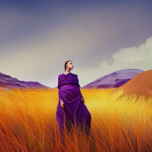 Image similar to portrait, giant purple dahlia flower head, woman between dunes, surreal photography, sunrise, blue sky, dramatic light, impressionist painting, digital painting, artstation, simon stalenhag