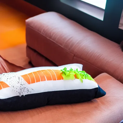 Prompt: a pillow in the shape of sushi, product photography