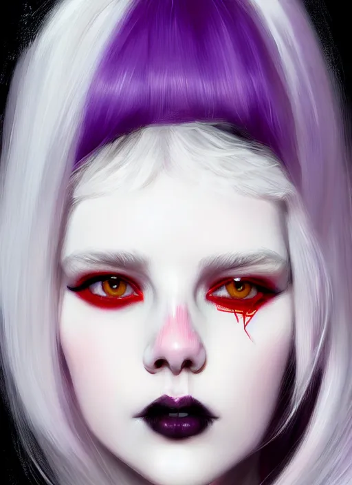 Image similar to portrait of white teenage girl, normal face, white bangs, mall goth, cyberlox, black and white hair, bangs, fluffy bangs, red contact lenses, purple lipstick, intricate, elegant, highly detailed, digital painting, artstation, concept art, sharp focus, smooth, illustration, art by wlop, mars ravelo and greg rutkowski