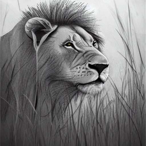 Prompt: simple drawing for children of a lion in a meadow, smooth, sharp focus, illustration, ArtStation