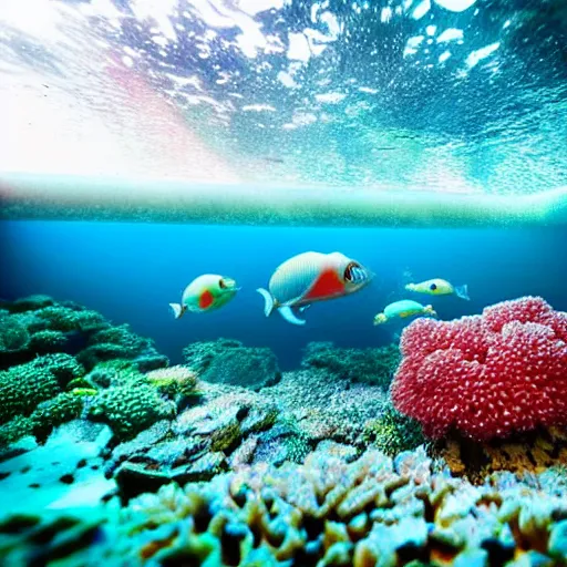 Image similar to beautiful corals and fish under the surface of the water, underwater photography with light scattering and water refractions, smooth