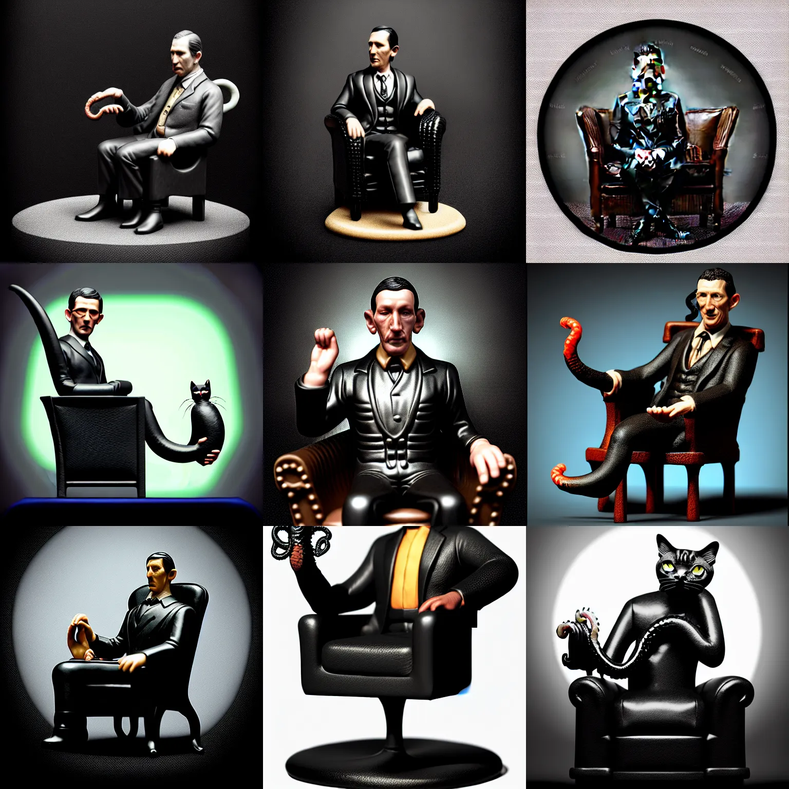 Prompt: isometric view black resin miniature - howard phillips lovecraft petting cat on his lap, man dressed suit sit in tall leather armchair, circle base as big tentacle with suction cups, black background, octane render, backlight, macroshot, grayscale by greg rutkowski, highly detailed intricate matte sharp focus digital painting artstation pixiv