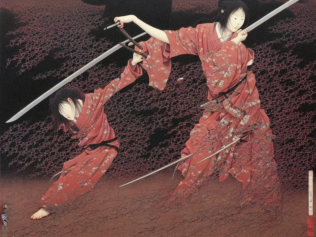 Prompt: Japanese schoolgirl runs away from Samurai with a katana on the subway, high detailed Beksinski painting, part by Adrian Ghenie and Gerhard Richter. art by Takato Yamamoto. masterpiece