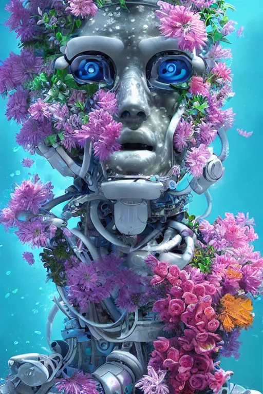 Prompt: an underwater close up of a robot made of flowers, a character portrait by vladimir tretchikoff, cgsociety, digital art, made of flowers, digital painting