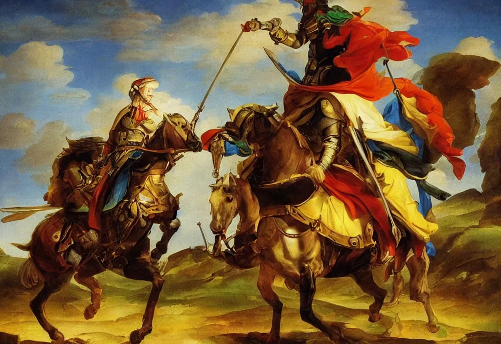 Prompt: a valiant knight on his way to adventure | high fantasy, colorful | Hyacinthe Rigaud