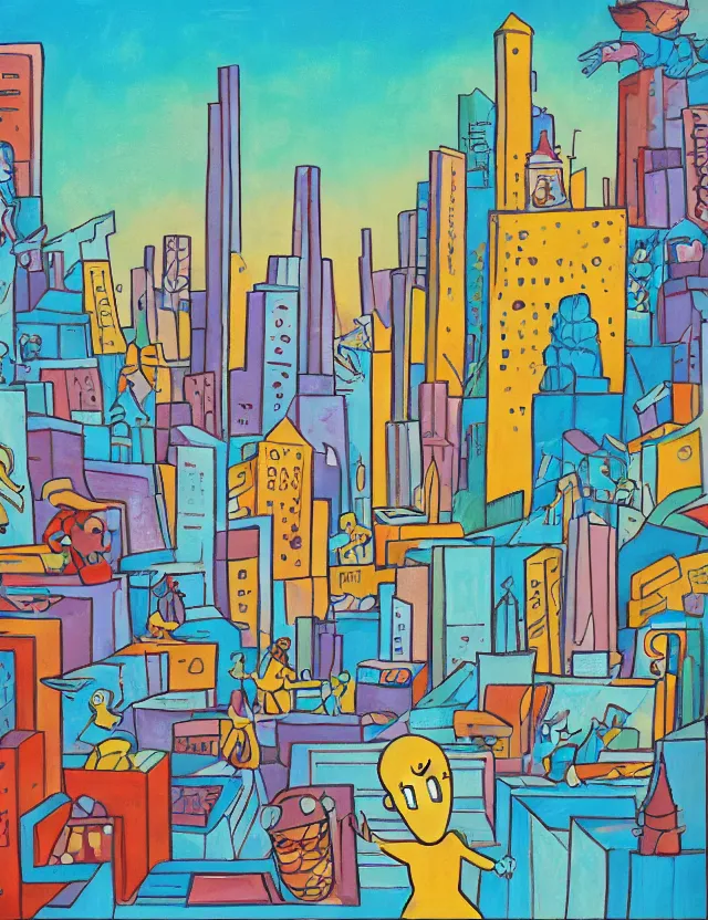 Prompt: ice cream spirit lost in a metropolis. this art noveau gouache painting by the award - winning artist has an interesting color scheme.