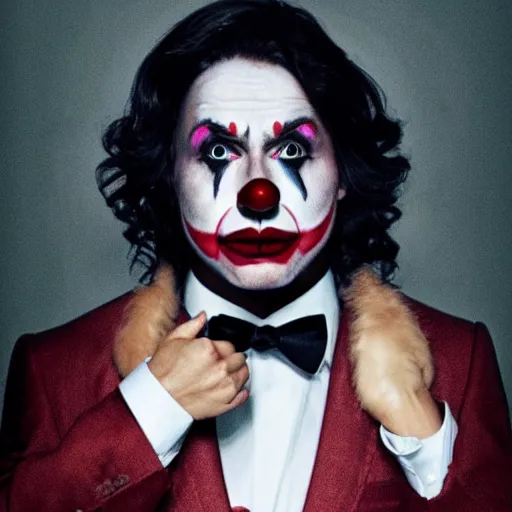 Image similar to UHD candid photo of Justin Trudeau dressed as a henchman, wearing accurate clown makeup, accurate face, UHD, photorealistic, correct face, photo by Annie Leibowitz