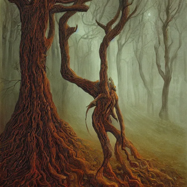 Prompt: a painting of a walking tree by johfra bosschart, dark fantasy art, high detail, trending on artstation