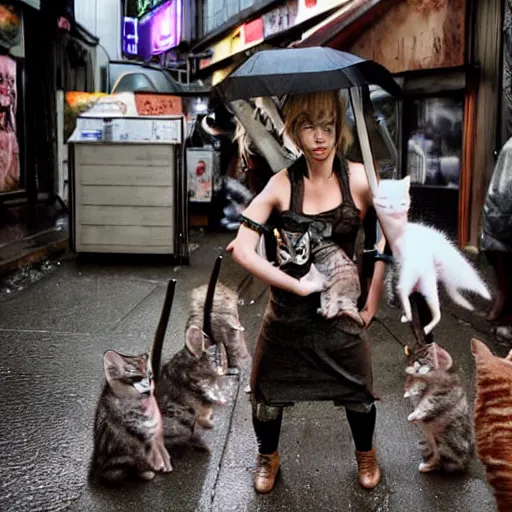 Image similar to pyramid head from silent hill petting a group of kittens in the rainy streets of Tokyo