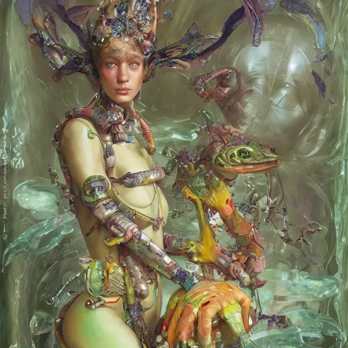 Prompt: a fashion editorial of elf lady as a brightly colored sphinx amphibian hybrid with wet translucent skin. wearing an growing organic exosuit. by tom bagshaw, donato giancola, hans holbein, walton ford, gaston bussiere, brian froud, peter mohrbacher and magali villeneuve. 8 k, cgsociety