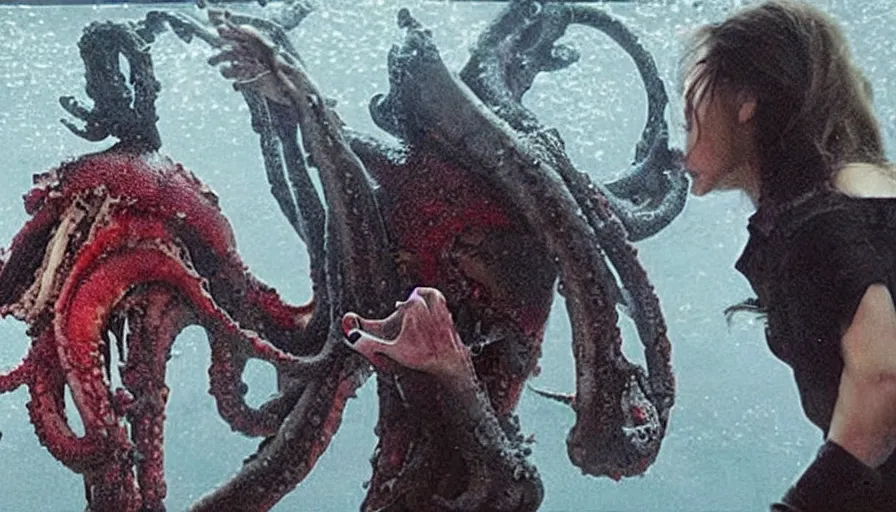 Image similar to Big budget horror movie, an android fights a giant squid, blood is splattering everywhere