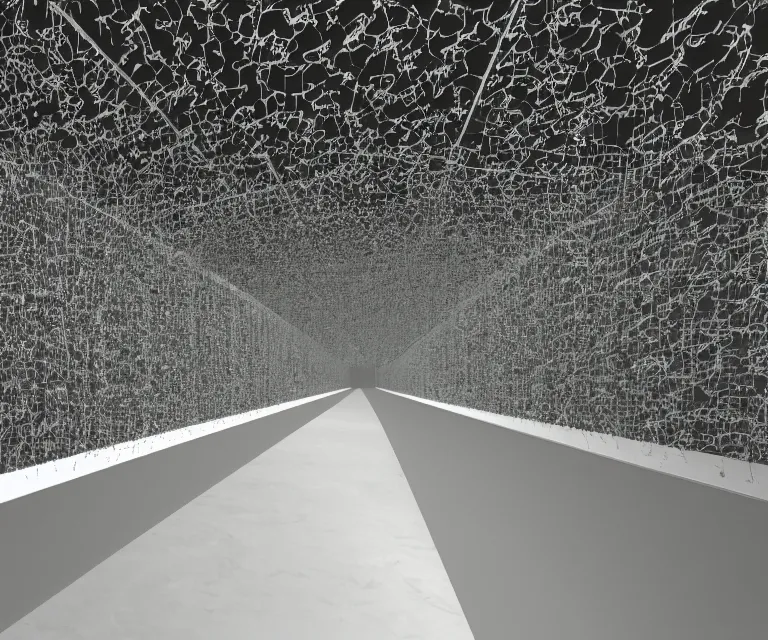 Prompt: still from a film : floating vr interface with depth of field, a minimalist transparent space station tunnel network, vertical panels upon panels stacking floating leaves into the distance, vertically floating panels & soft white marble tablets displaying zooming interfaces and long scrolls and blurry misty glowing floating computer panels