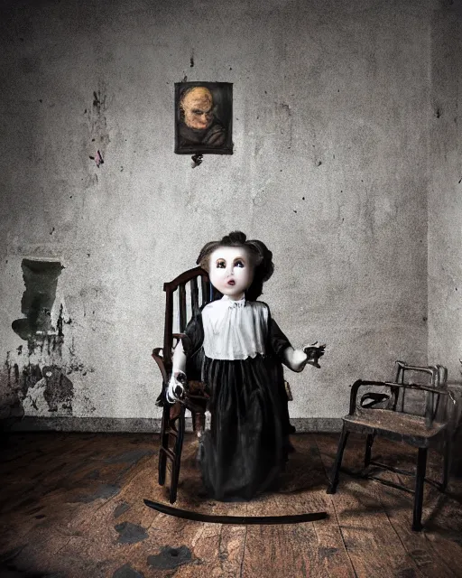 Image similar to portrait of a creepy angry scary antique filthy porcelain doll with black eyes wearing a dirty dress, with long black hair sitting in a rocking chair, next to a child’s bed in a dimly lit filthy room in an abandoned old asylum at night, 8k octane render, cinematic, dramatic lighting, volumetric lighting, Craig Mullins, Duane Hanson , Richard Estes, Arney Fretag, vintage photo, 1890