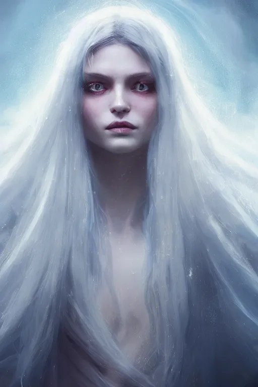 Image similar to a fancy portrait of a beautiful young woman with long white hair and blue eyes by greg rutkowski, sung choi, mitchell mohrhauser, maciej kuciara, johnson ting, maxim verehin, peter konig, bloodborne, 8 k photorealistic, cinematic lighting, hd, high details, dramatic, dark atmosphere, trending on artstation