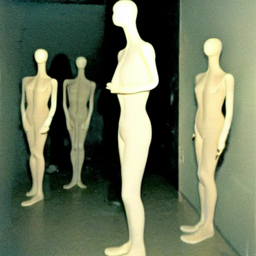 Image similar to cursed Photograph of an old black room full of mannequins, dust in the air, brown wood cabinets, SCP, taken using a film camera with 35mm expired film, bright camera flash enabled, award winning photograph, sleep paralysis demon crabwalking towards camera, creepy, liminal space, in the style of the movie Pulse, heavy film grain and scratches