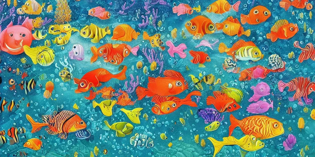 Prompt: a beautiful painting of an elaborate underwater scene painted by bosch and lisa frank, detailed