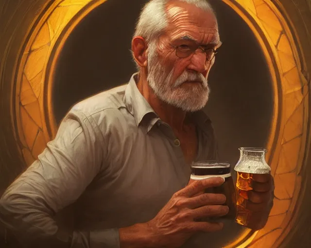 Image similar to detailed vision of an old man frowning as he drinks a beer, deep focus, d & d, fantasy, intricate, elegant, highly detailed, digital painting, artstation, concept art, matte, sharp focus, illustration, hearthstone, art by artgerm and greg rutkowski and alphonse mucha