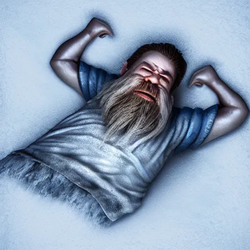 Prompt: a dwarf made out of ice lying down, a highly detailed digital painting, octane render trending