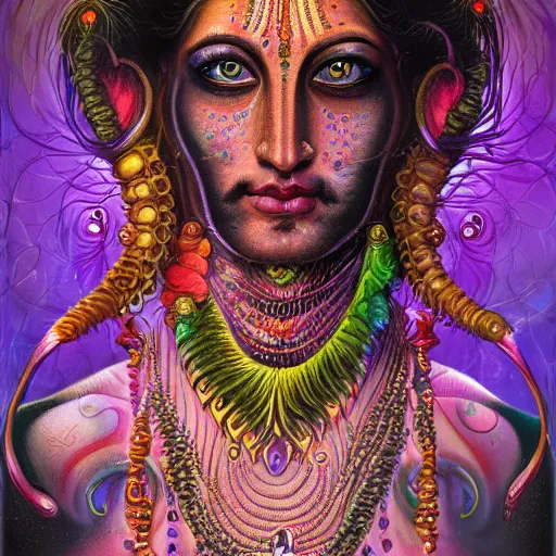 Image similar to An extremely psychedelic portrait of Shiva, surreal, LSD, face, detailed, intricate, elegant, lithe, highly detailed, digital painting, artstation, concept art, smooth, sharp focus, illustration