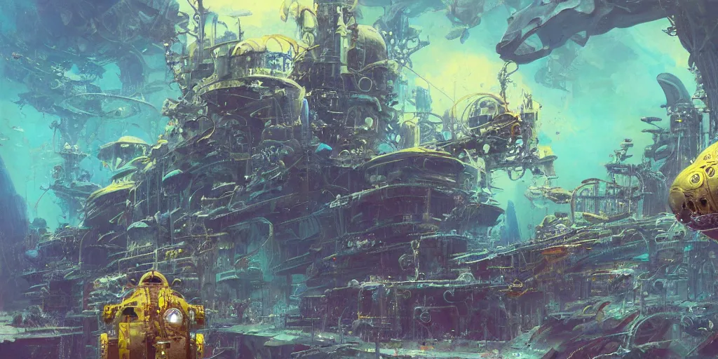 Prompt: a dieselpunk spaceship lies at the bottom of the sea in a coral reef, underwater, matte painting, submecanophobia, fantasy, intricate, elegant, digital painting, trending on artstation, concept art, sharp focus, illustration by john berkey, vibrant colors, 4 k.