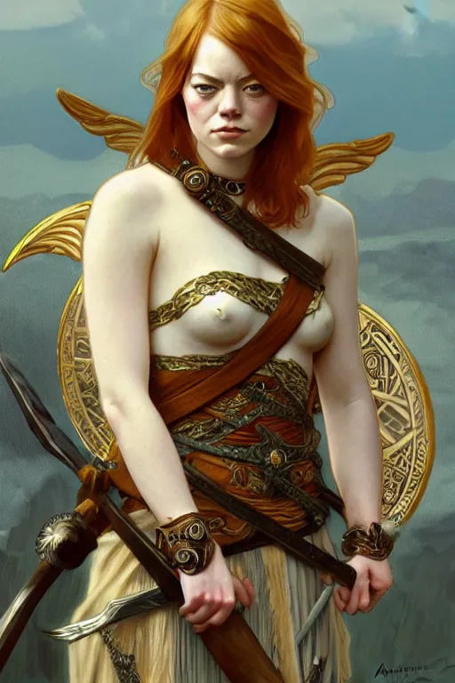 Image similar to Emma Stone as an Viking warrior angel, fantasy, intricate, elegant, highly detailed, digital painting, artstation, concept art, smooth, sharp focus, illustration, art by alphonse mucha