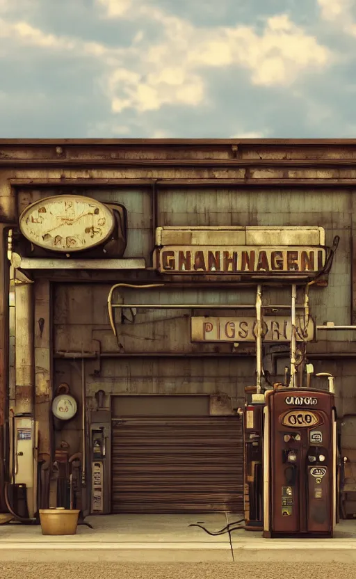 Image similar to steampunk gas station, garage, closeup, 4 k, polished, photorealistic, hard edges, zoomed in, very coherent, sharp focus, rim light, exquisite lighting, hard edges, sci - fi, cinematic, octane render