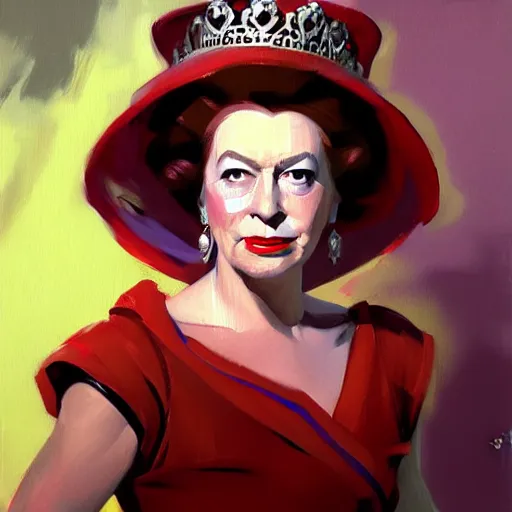 Image similar to greg manchess portrait painting of queen elizabeth ii as overwatch character, medium shot, asymmetrical, profile picture, organic painting, rainy day, matte painting, bold shapes, hard edges, street art, trending on artstation, by huang guangjian and gil elvgren and sachin teng