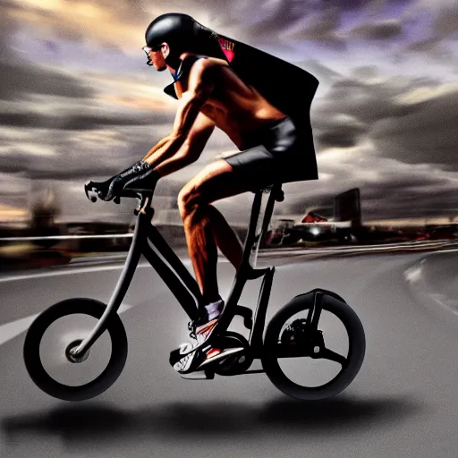 Image similar to albert hofmann riding a dj super bike step thru to work 4 k photorealism