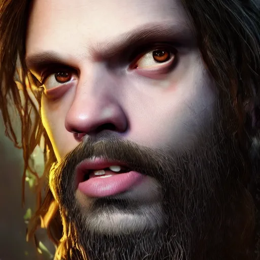 Image similar to a digital art close up portrait of pale sebastian stan as ancient druid mage from warhammer, old nature mage with long beard character sheet, 4 k, ultra detail, volumetric lighting, unreal engine, octane render