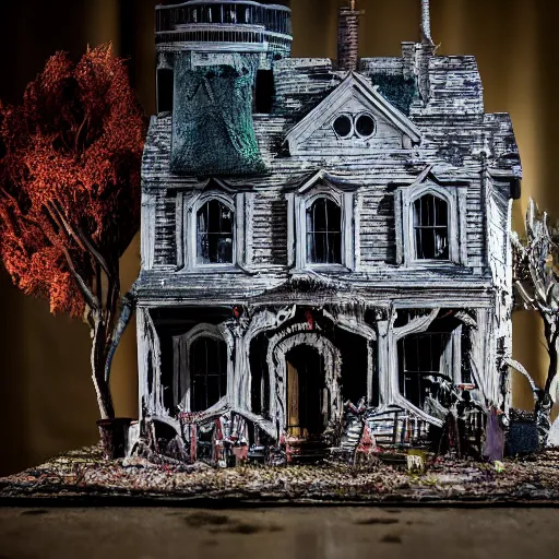 Prompt: 90mm f/2.8 macro photo of a haunted house diorama by tim burton