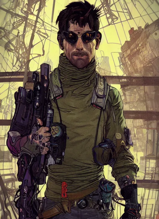 Image similar to cyberpunk climber. portrait by ashley wood and alphonse mucha and laurie greasley and josan gonzalez and james gurney. splinter cell, apex legends, rb 6 s, hl 2, d & d, cyberpunk 2 0 7 7. realistic face. character clothing. vivid color. dystopian setting.