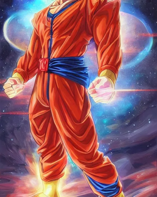 Image similar to gigachad goku in space wearing a red suit by ilya, ernest khalimov body by krista, super mario bros symmetrical face concept art, hyper realistic, intricate, elegent, highly detailed, digital painting, concept art, smooth, sharp, focus, illustration, art by artgerm and greg rutkowski and alphonse mucha, artstation