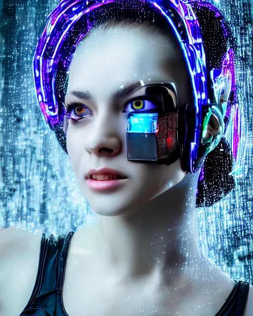 Prompt: portrait photo of female dancer as a cyberpunk mecha humanoid robotic head shoulder parts with straight bright led lights, under heavy rain, ultra - realistic and detailed, hdr 8 k