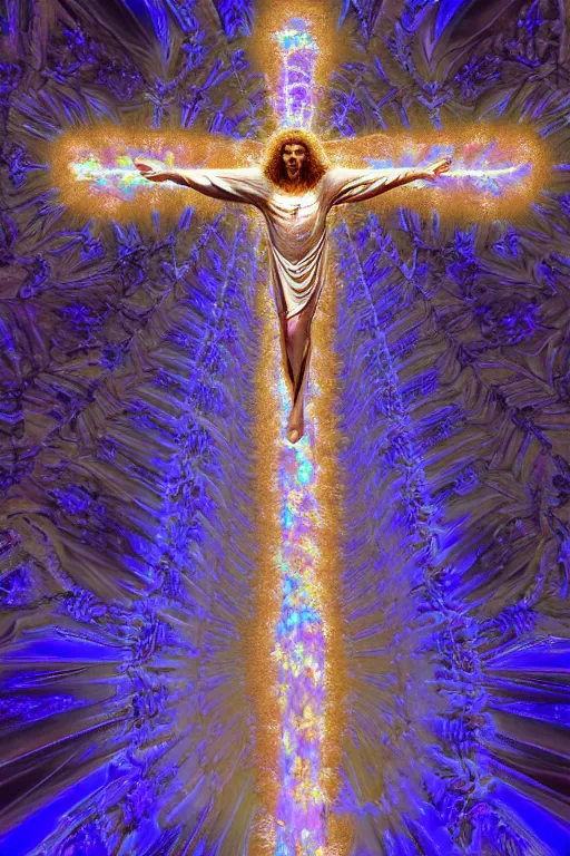 Image similar to a crystalline 3 d mandelbulb fractal in the shape of jesus christ on the cross, bioluminescent opal, fractal, magnificent lighting, ethereal, ray tracing, octane, holographic