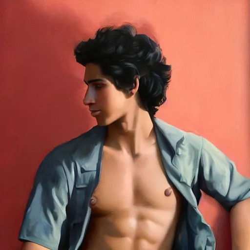 Image similar to oil painting by ilya kuvshinov, baugh casey, rhads, coby whitmore, of a youthful persian - indian college student, olive skin, high cheekbones, handsome, curly black hair, gay fem boy, outdoors, highly detailed, breathtaking face, studio photography, dawn, intense subsurface scattering, blush, supple look, innocence, intense sunlight