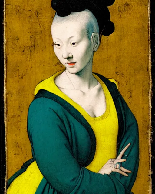 Prompt: portrait of a pale curvy woman with green blue hair buns, wearing a yellow hoodie, intricate details, high detail, black background, in a high renaissance style, in the style of jacopo da pontormo and william segar, punk, asian art,