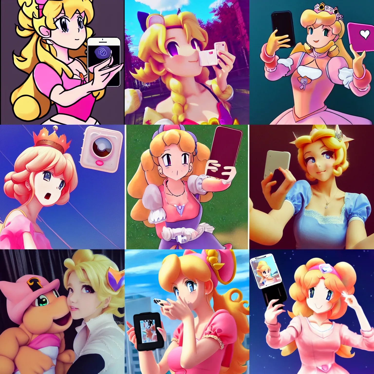 Prompt: Princess Peach is taking a selfie for instagram and throwing a kiss to the camera, anime style, incredible quality, trending on artstation
